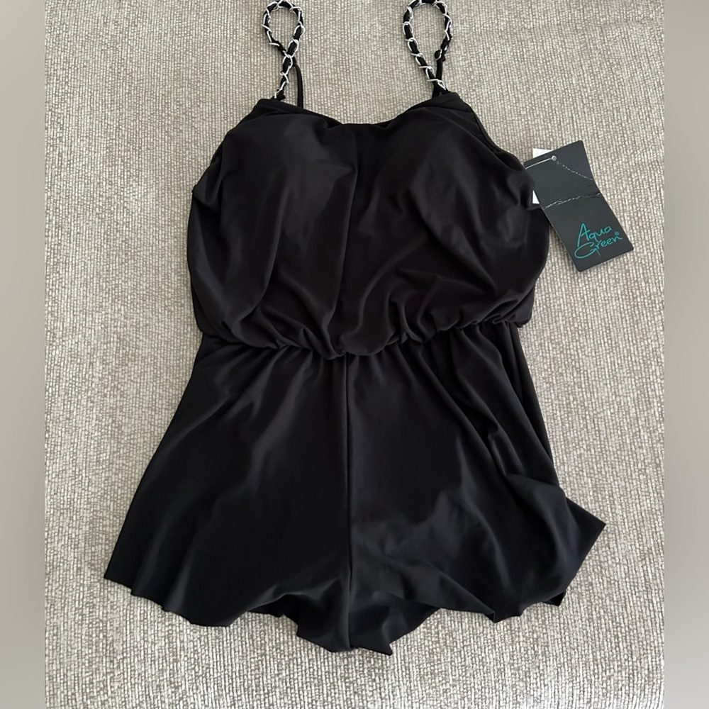 Aqua Green Romper Style Swimsuit Black With Silver Chain Accent Straps Small NWT